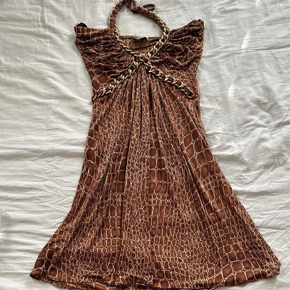 Jagger Dresses & Skirts - Y2K 100% Silk Brown Animal Print Dress With Braided Halter